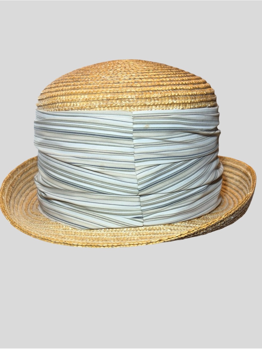Betmar New York Vintage Straw Cloche Bowler Hat Striped Ban - Picture 7 of 16